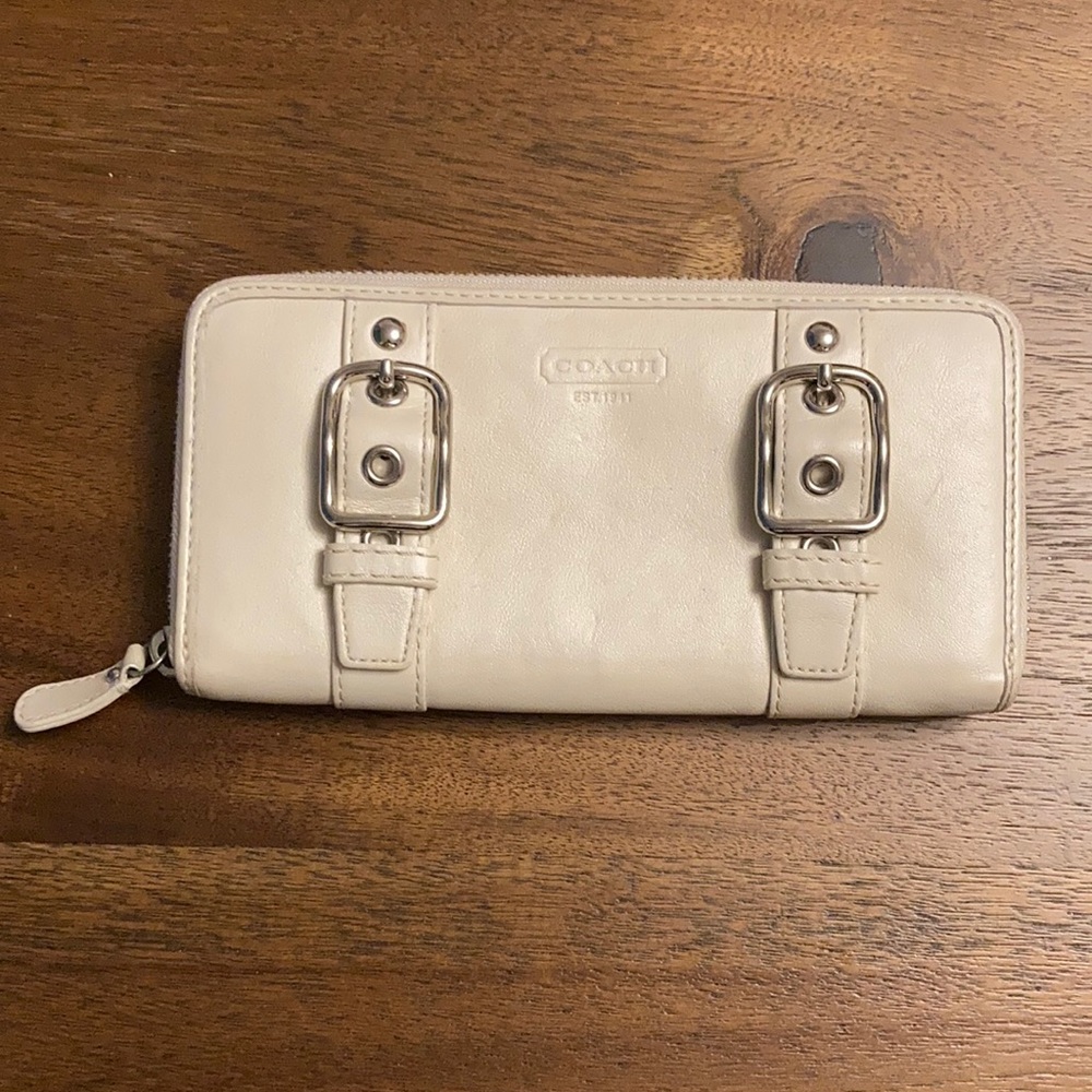 Coach Cream Leather Zip-Around Wallet with Buckle Accents